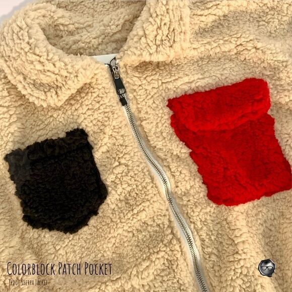 TEDDY SHERPA JACKET COLORBLOCK PATCH POCKET WOMEN’S SIZE SMALL OVERSIZED - Picture 6 of 10